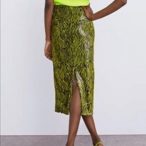 Zara Neon Green Zebra Sequin Skirt Small